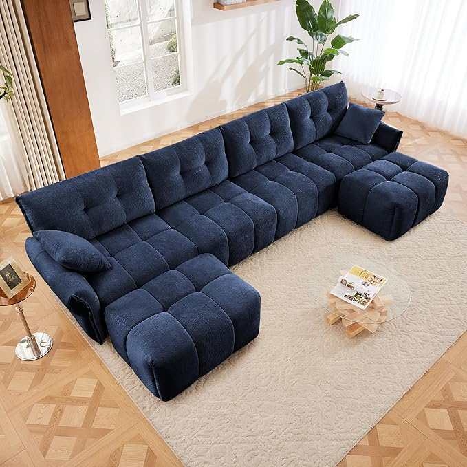 Modern Chenille Fabric 4-Seat Sofa w/Two Ottoman+2 Pillows, Premium Upholstery by FAVSH