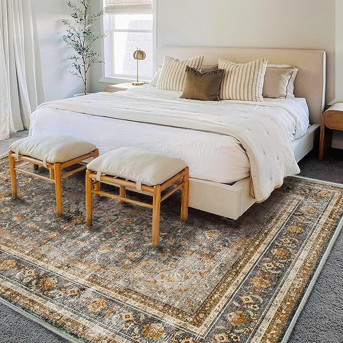 Washable Area Rug 9'x12' Retro Boho Design Non-Shedding Easy Care Ideal - Image 2