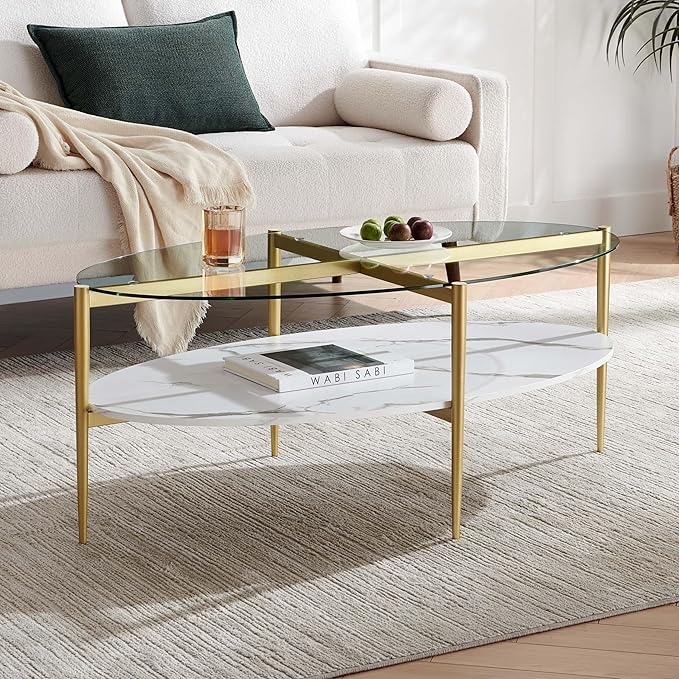 Oval Glass Coffee Table, Mid-Century Modern Design, L43 x W22 x H17 inch - Image 3