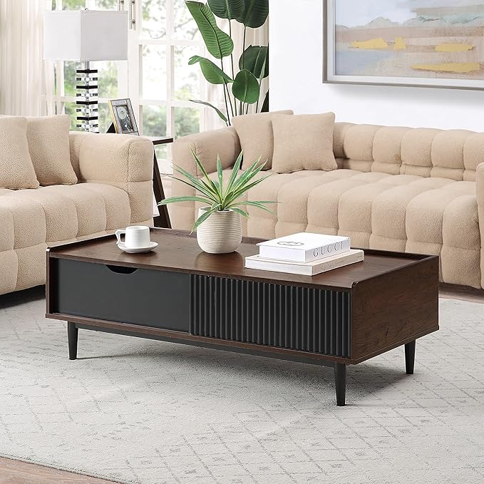 Manhattan Comfort Duane Mid Century Modern Ribbed Nightstand and Coffee Table - Image 3