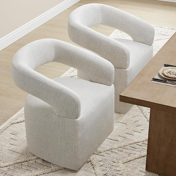 Upholstered Dining Chairs with Casters Modern Barrel Side Armchair with Rollers - Image 9