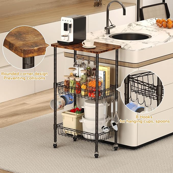 Rolling Kitchen Storage Cart, 3-Tier Storage Rack on Caster Wheels - Image 4