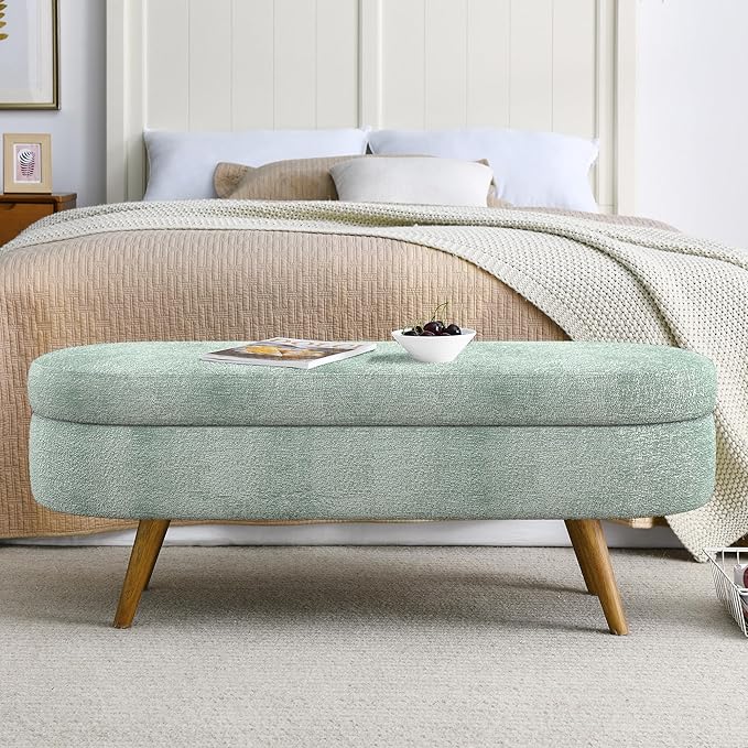 Oval Storage Bench 43.5" Linen Fabric Upholstered Entryway Bench - Image 3