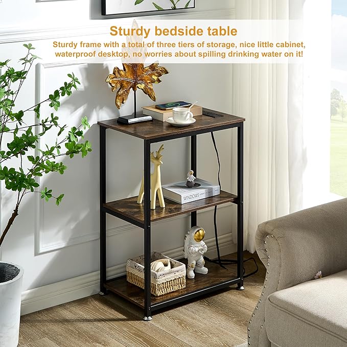 VECELO Tall End Table with Charging Station, Side Table with USB Ports and - Image 3
