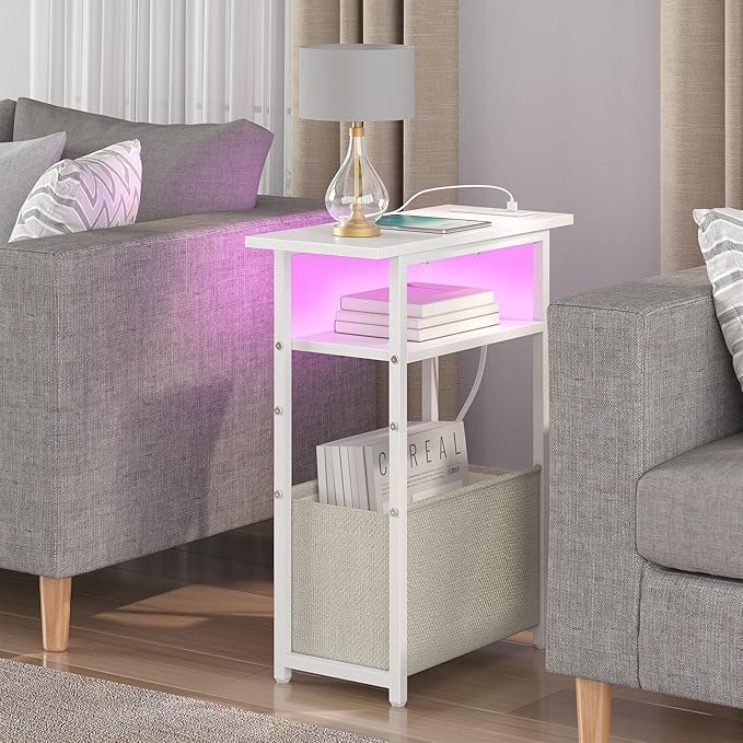 Narrow Side Table with Charging Station, LED End Table - Image 2