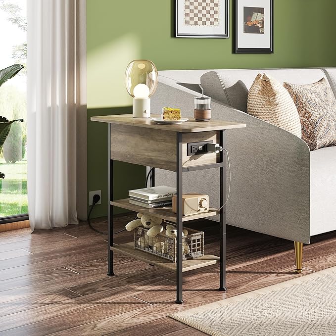 WLIVE End Table with Charging Station, Flip Top Side Table with Storage Shelf - Image 2