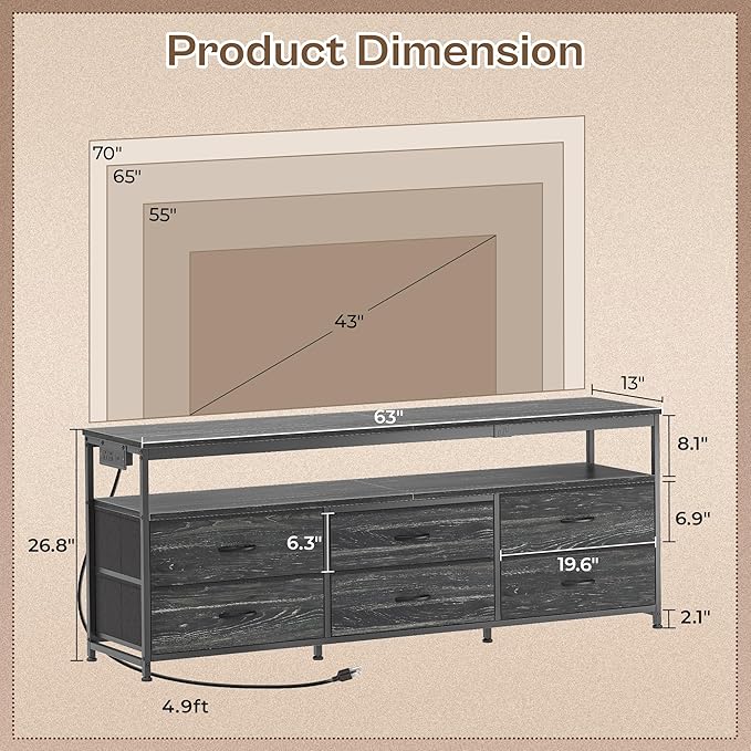 Huuger 63 Inch TV Stand for 55, 70 Inch TV, Long Dresser TV Stand for Bedroom - Image 2