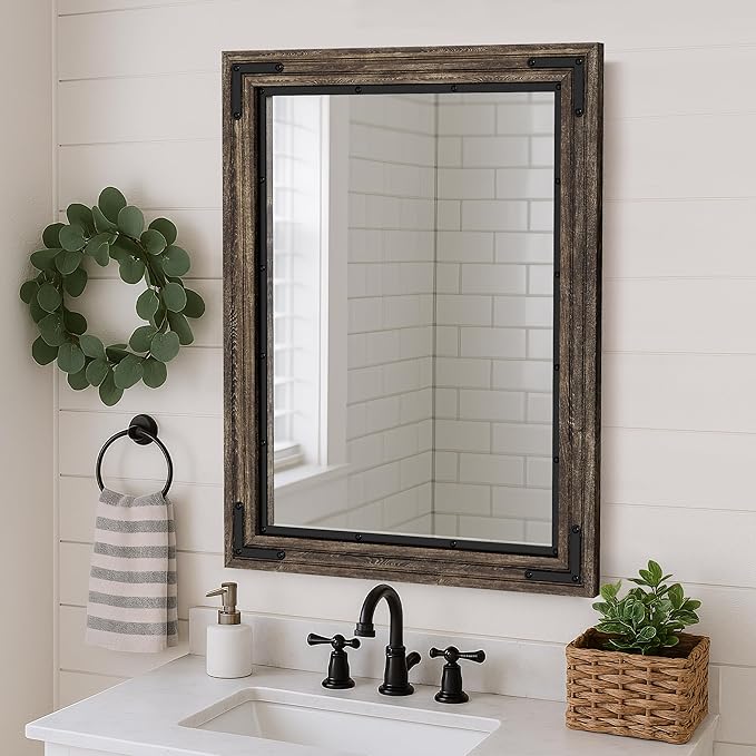 YOSHOOT Farmhouse Bathroom Mirror, Rustic Wood Mirror, Wooden Framed Vanity by YOSHOOT