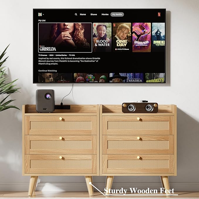 Rattan Nightstand with Charging Station, Night Stand with 3 Large Drawers - Image 7