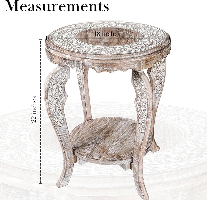 The Wooden Town Farmhouse Round Accent End Table, Rustic Side Table Nightstands - Image 3
