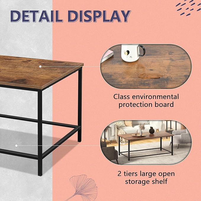 SENIG Coffee Table, Modern Industrial Style Rectangular Table, Rustic Accent - Image 5
