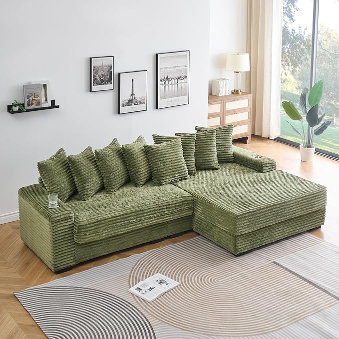 KEIKI 114" Corduroy Sofa with Cup Holders & Storage, L Shaped Sleeper Cloud - Image 7