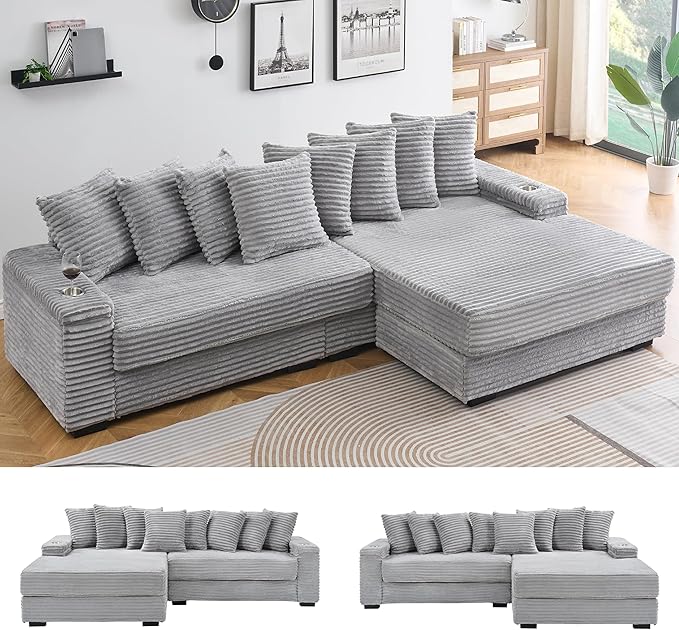 KEIKI 114" Corduroy Sofa with Cup Holders & Storage, L Shaped Sleeper Cloud by Unknown