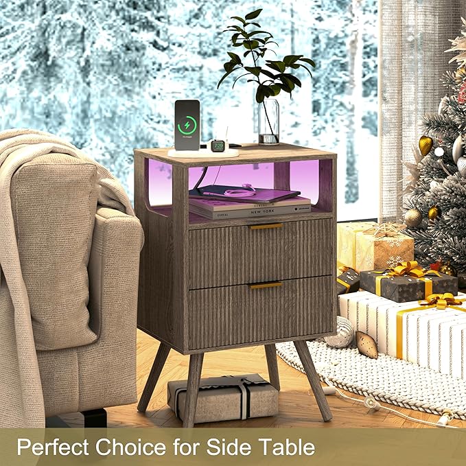 Nightstand with Charging Station and LED Lights, Modern Bedside Table with 2 - Image 7
