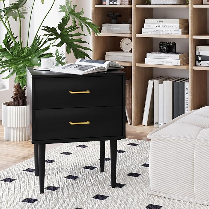 Black Nightstand with 2 Drawers, Modern Night Stand Black, Wooden Night Stands - Image 6