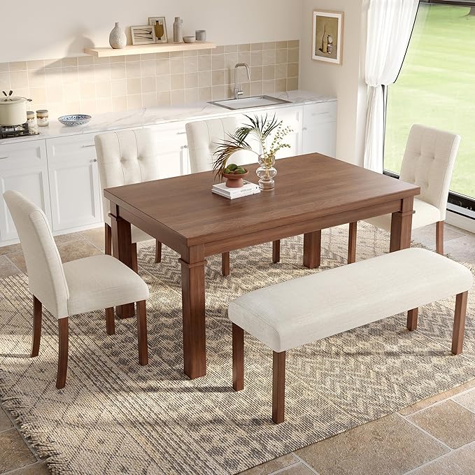 Ball & Cast Dining Table Set for 6 W/Bench & 4 Upholstered Chairs, 6 Piece by BallCast
