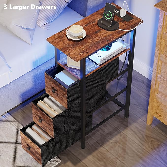 End Table with Charging Station, Narrow Side Table with 3 Fabric Drawers - Image 6