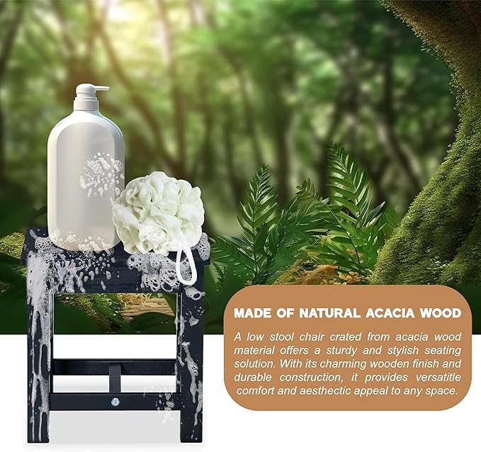 12 Inch Wooden Black Step Stool, Small Nature Beach Chair Under Desk, Indoor - Image 6