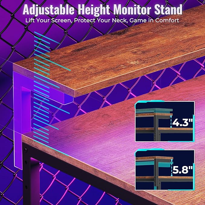 PRAISUN 61.7" Gaming Desk with LED Lights & Outlets, Computer Desk with 3 - Image 8