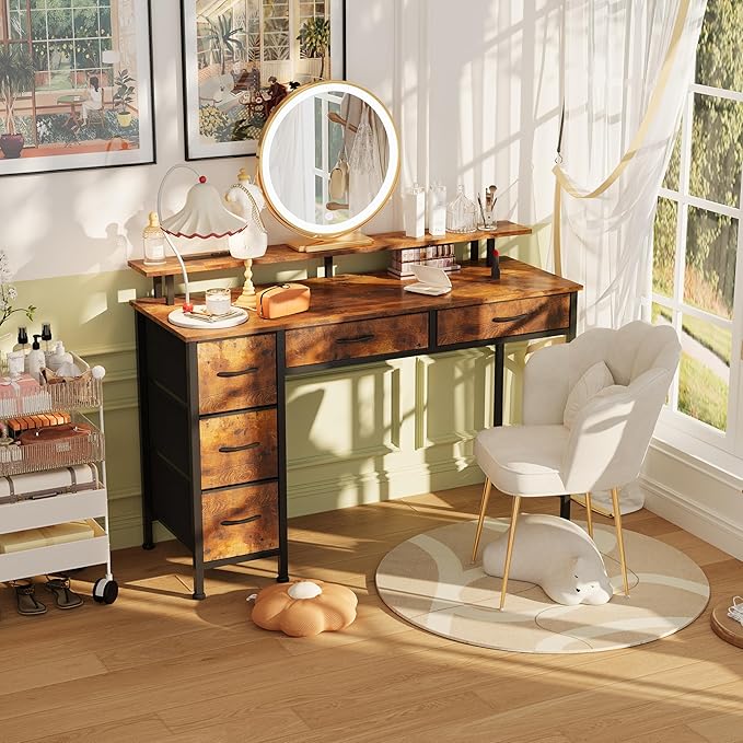 Computer Desk with 5 Drawers, Gaming Desk with LED Lights Power Outlets and - Image 5