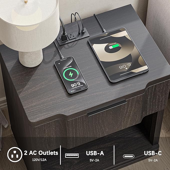 Nightstand with Charging Station, Wooden Curved Night Stand Bedside Tables with - Image 4