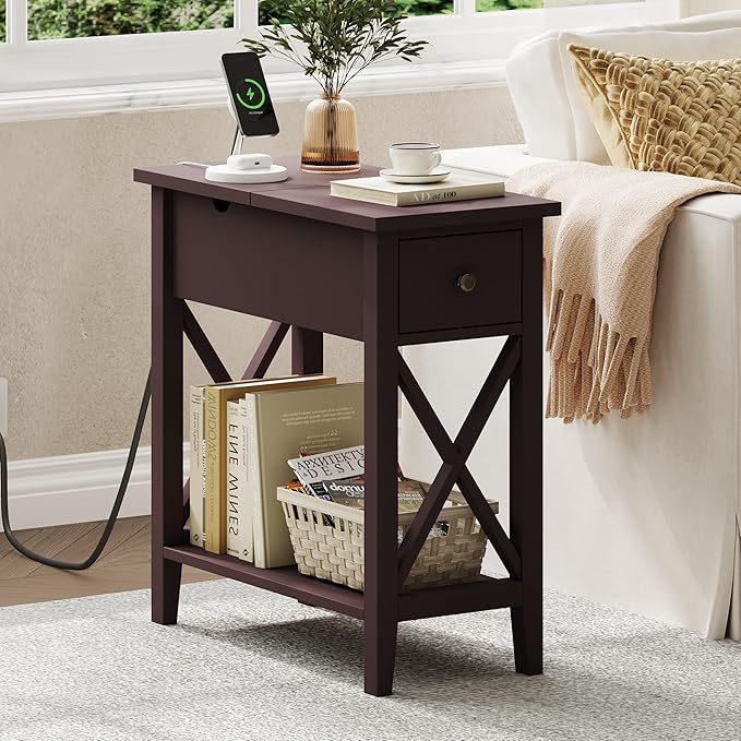 ChooChoo End Table with Charging Station, Narrow Side Table with USB Ports and - Image 3