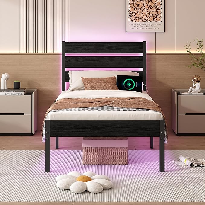 Twin Bed Frame with Headboard, Heavy Duty LED Bed Frame with USB Charging by ChuangshuoGuard
