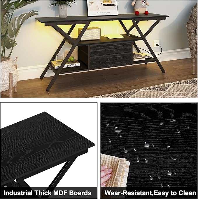 TV Stand with Power Outlet and LED Lights, Fits TVs up to 65”, 2 Fabric Drawers - Image 7