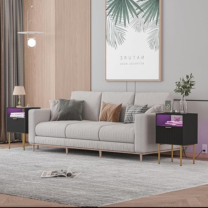 Modern Nightstand with Charging Station and LED Lights, Fluted Nightstand - Image 6