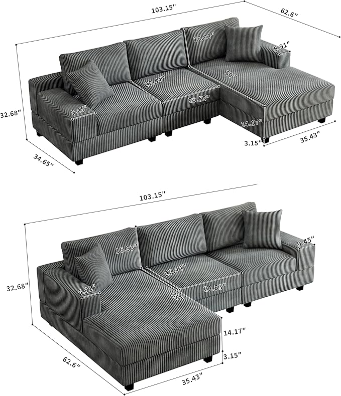 Eafurn Convertible L Shaped Modular Sectional Sofa Couch, 5 Seater Corduroy - Image 2