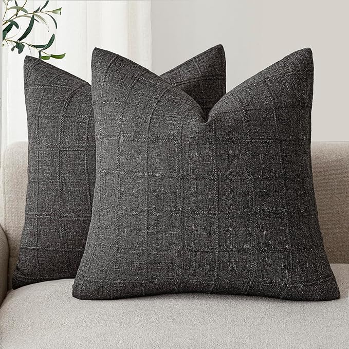 Foindtower Set of 2 Decorative Linen Check Throw Pillow Covers Neutral by Foindtower