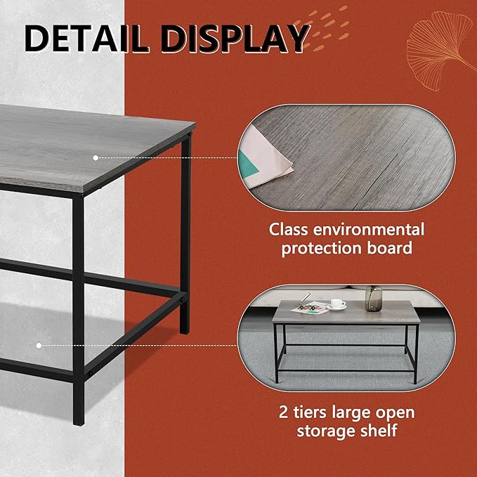 SENIG Modern Industrial Style Rectangular Coffee Table, Rustic Accent - Image 5