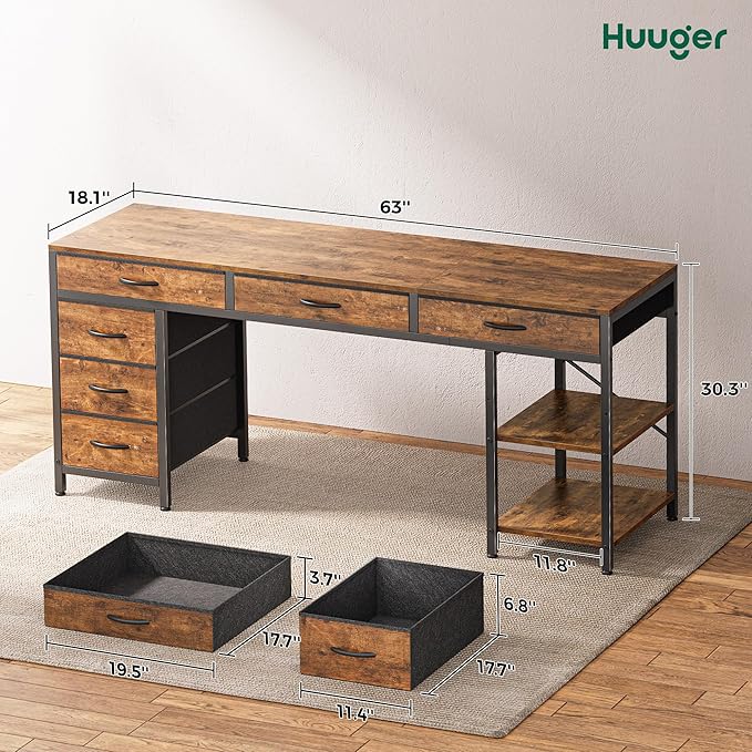 Huuger Computer Desk with 6 Drawers, 63 Inch Office Desk with Shelves, - Image 7