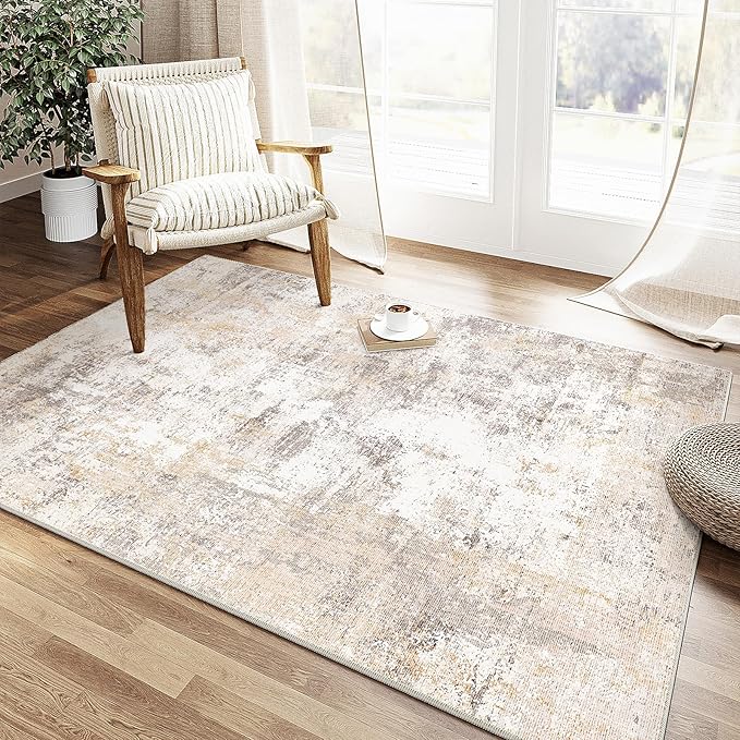 4x5 Washable Area Rug Beige Grey Neutral Abstract Entryway Kitchen Non Slip Low by WondRg