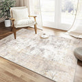 4x5 Washable Area Rug Beige Grey Neutral Abstract Entryway Kitchen Non Slip Low by WondRg