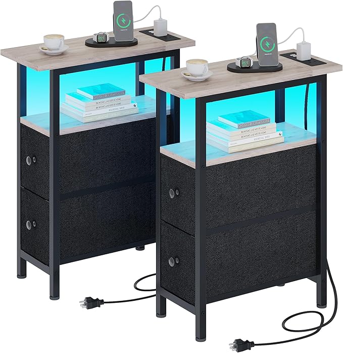 End Table Set 2 with Charging Station, Narrow Side Table with 2 Fabric Drawers by TRIFEBLE