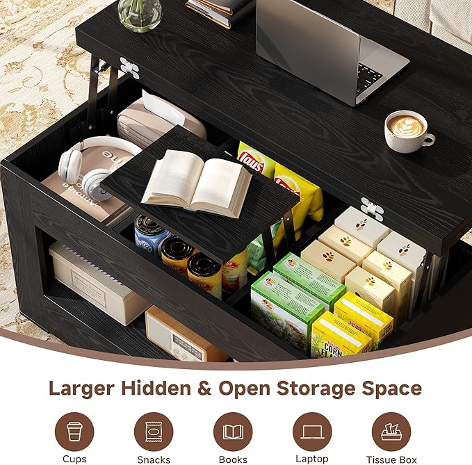 40" Lift Top Coffee Table, 4 in 1 Multi-Function Lift Coffee Tables - Image 4