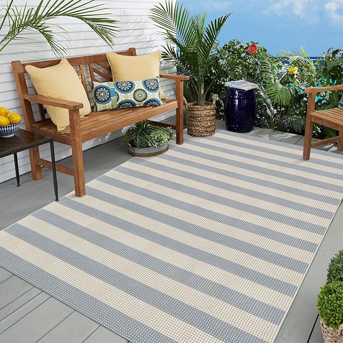 OJIA Striped Outdoor Area Rug 5'x7' Outdoor Rug, Washable Patio Rug Farmhouse by OJIA