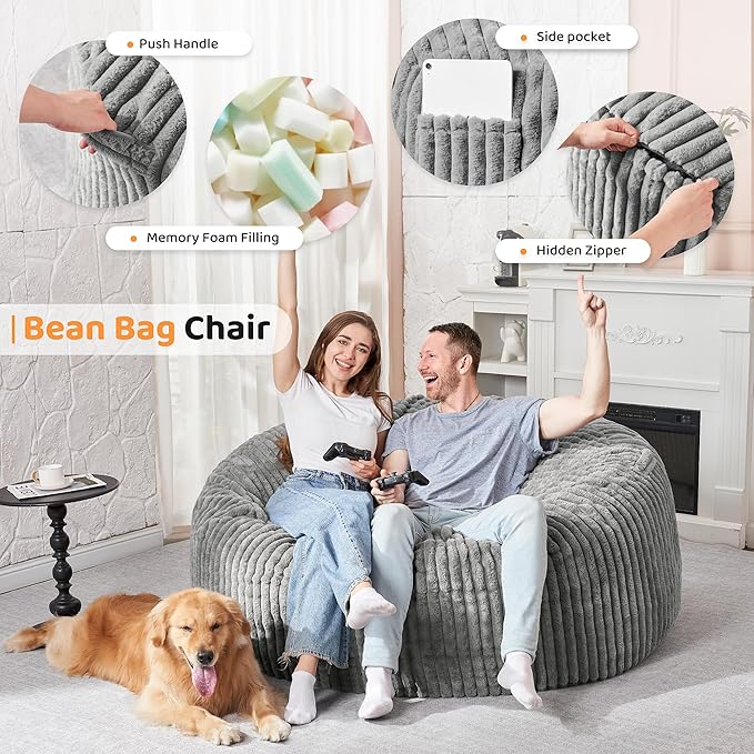 HABUTWAY 5FT Bean Bag Chair, Memory Foam Beanbag Chair - Image 3