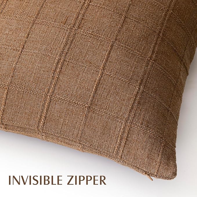 Foindtower Set of 2 Decorative Linen Check Throw Pillow Covers Neutral - Image 3
