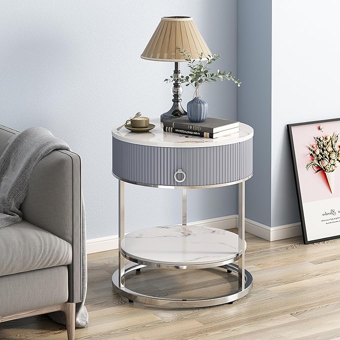 OIOG Modern End Table with Drawer, 2 Tier Side Table with Shelf, Round - Image 7