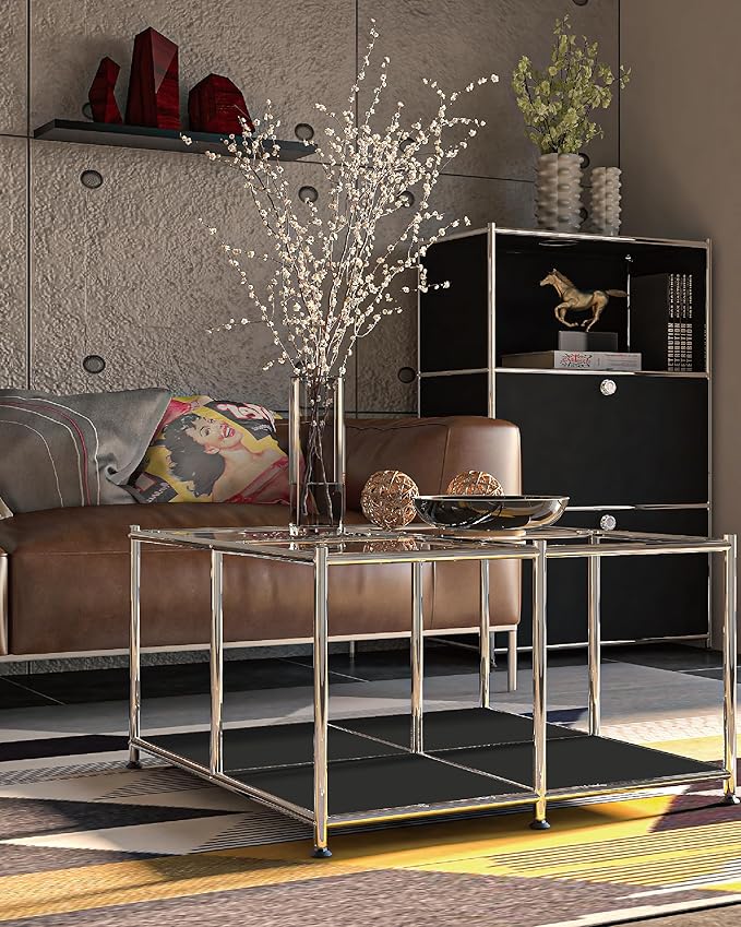 Matte Coffee Table with Open Storage, Square Tempered Glass Storage Rolling - Image 2