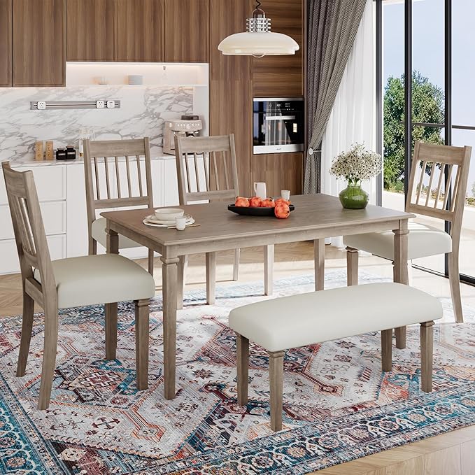 Merax 6-Piece Retro Dining Table Set, 6 Seats Wooden Rectangular Table - Image 3