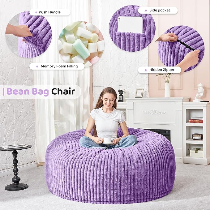 HABUTWAY 4FT Bean Bag Chair, Memory Foam Beanbag Chair - Image 3