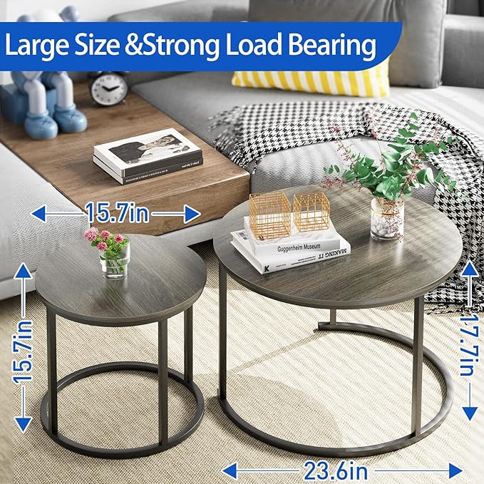 Garden 4 you Nesting Coffee Table, 23.6" Round Coffee Table Set of 2, Wooden - Image 2
