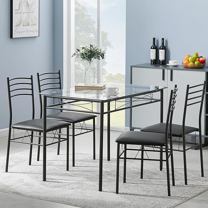 VECELO 5-Piece Kitchen Dining Table Set, Glasses Tabletop & Heavy-Duty Metel - Image 4