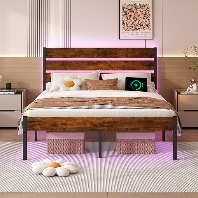 Full Size Bed Frame with Headboard, Heavy Duty LED Bed Frame with USB Charging by ChuangshuoGuard