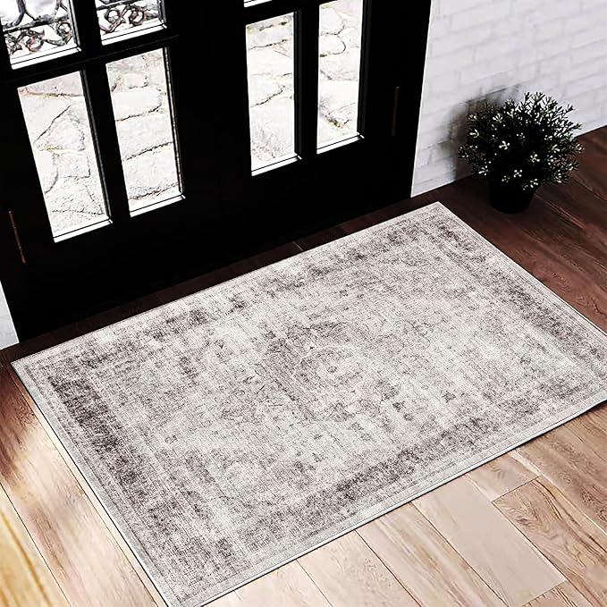 Washable Area Rug 2'x3' Door Mat Vintage Floral red Distressed Doormat Indoor by CHAMPLANT