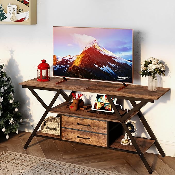 TV Stand with Power Outlet and LED Lights, Fits TVs up to 65”, 2 Fabric Drawers - Image 4