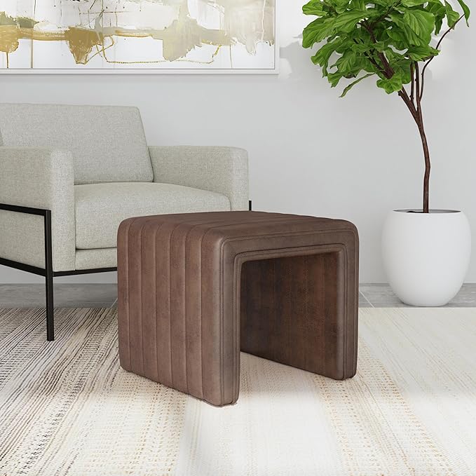 HomePop Modern Channel Tufted Faux Leather Ottoman Home Décor|Ottoman - Image 2
